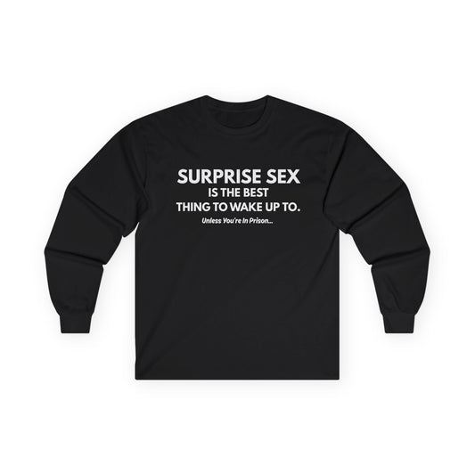 Long Sleeve Tee — Subtle 'Surprise Sex' Minimalist Graphic