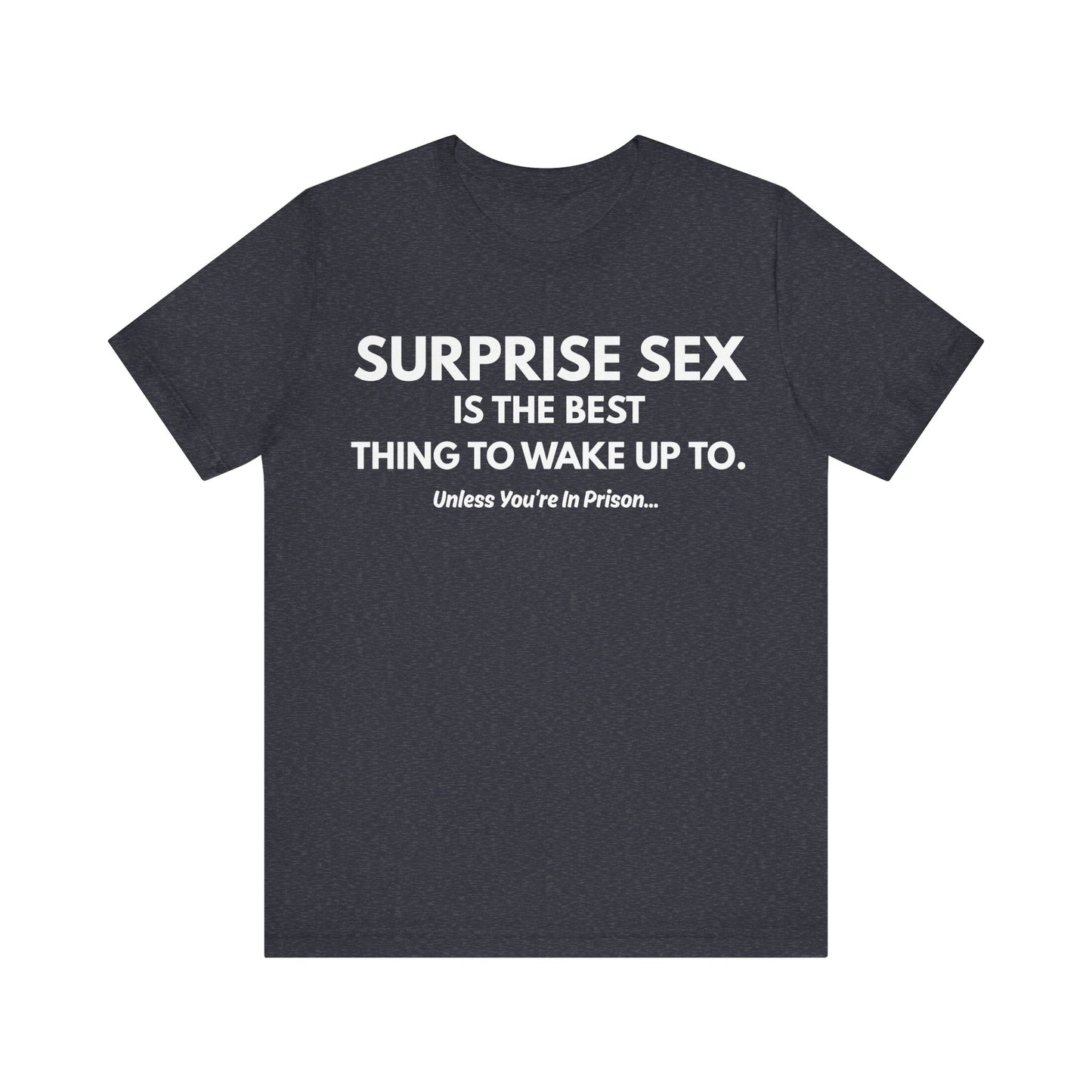 Funny Novelty Tee — "Surprise Sex Is The Best Thing To Wake Up To" Graphic T-Shirt