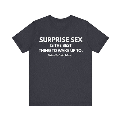 Funny Novelty Tee — "Surprise Sex Is The Best Thing To Wake Up To" Graphic T-Shirt