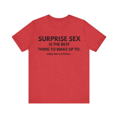 Funny Novelty Tee — "Surprise Sex Is The Best Thing To Wake Up To" Graphic T-Shirt