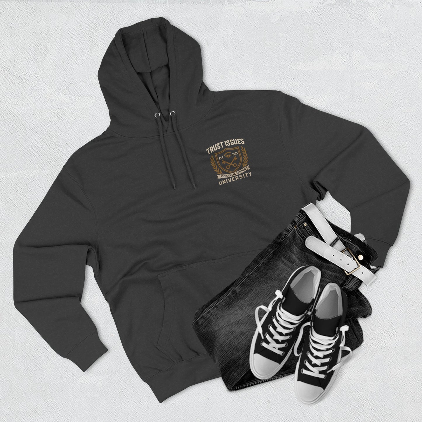 Trust Issues University Hoodie — Vintage Collegiate Crest Fleece Pullover