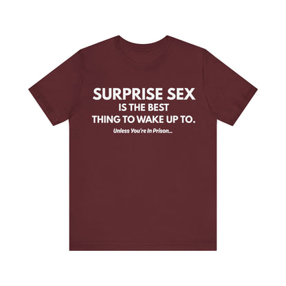 Funny Novelty Tee — "Surprise Sex Is The Best Thing To Wake Up To" Graphic T-Shirt