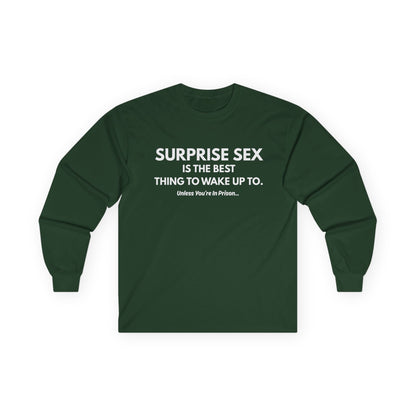 Long Sleeve Tee — Subtle 'Surprise Sex' Minimalist Graphic