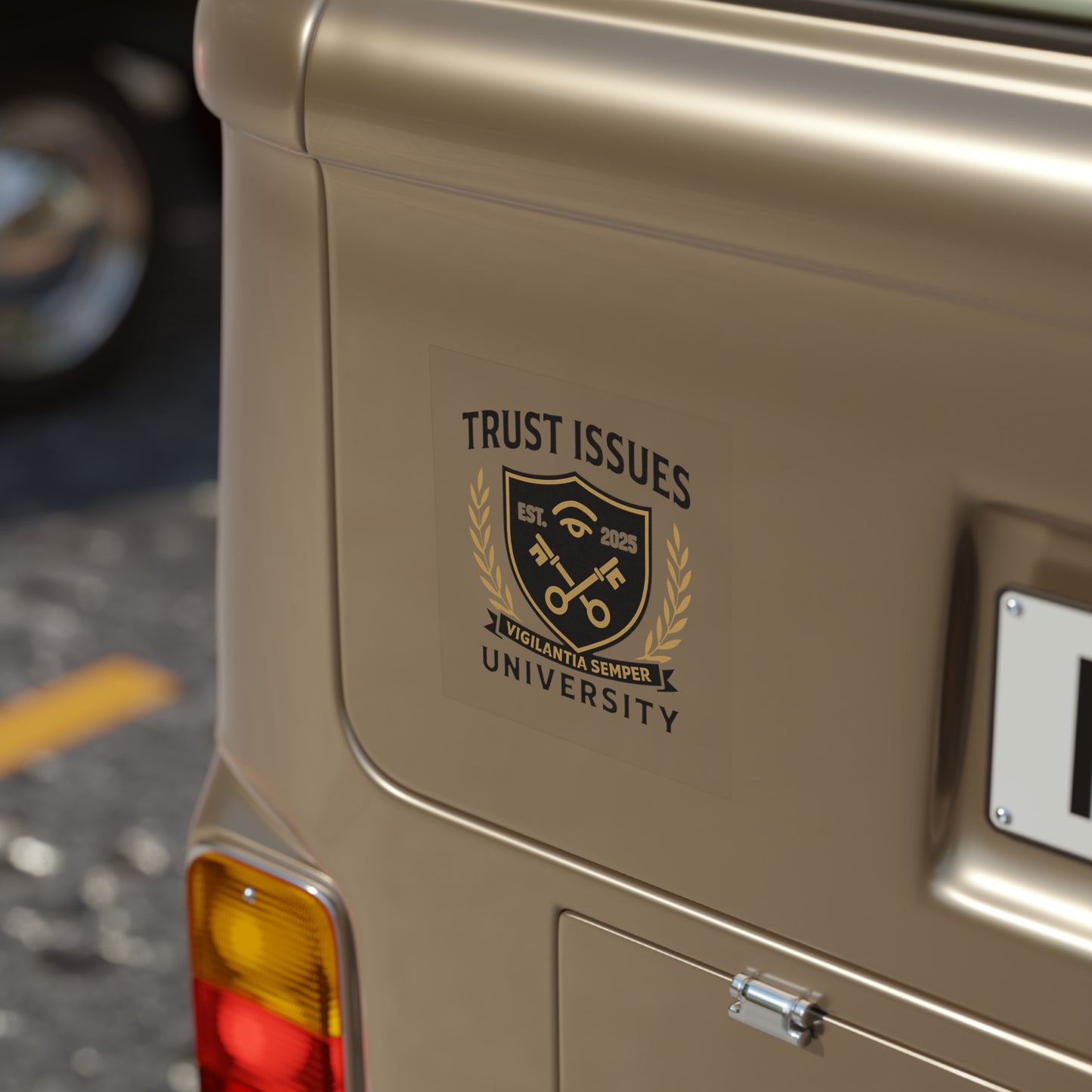 Trust Issues University Transparent Outdoor Sticker — Crest Logo Square Decal