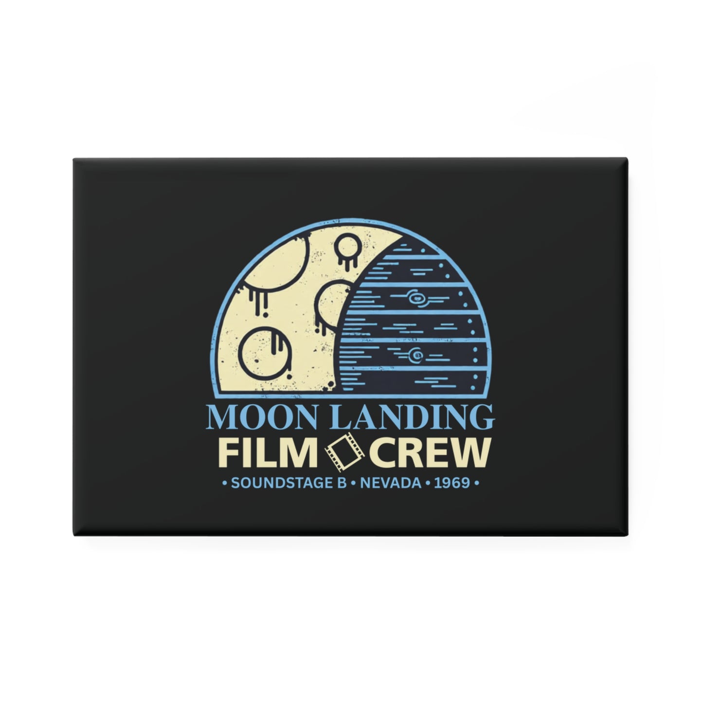 Moon Landing Film Crew Rectangle Magnet — Retro Space Movie Set Magnet