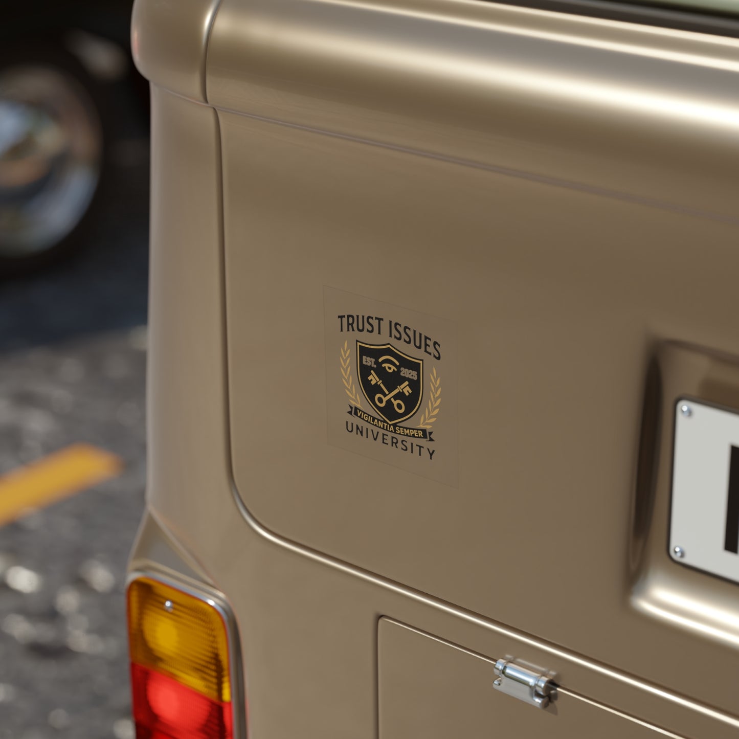 Trust Issues University Transparent Outdoor Sticker — Crest Logo Square Decal